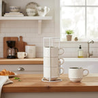 JIEMEI HOME Large Ceramic Coffee Mug Set of 4 with Stand, 15 Oz Stackable Different Embossment Ribbed Latte Cup Set for Cappuccino, Tea, Hot Cocoa, Drinks - Dishwasher & Microwave Safe, White & Green