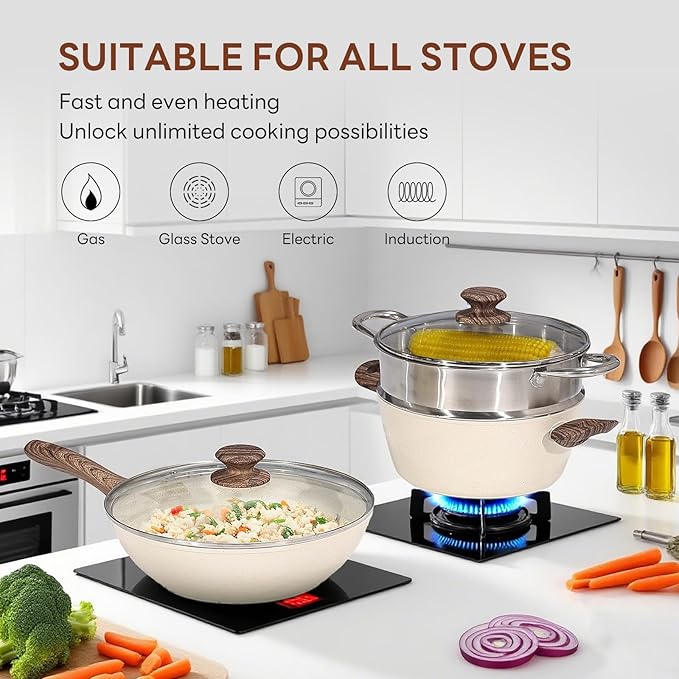 NEWBULIG 17-Piece Pots and Pans Set, Nonstick Cookware Set with Detachable Stay-Cool Handle, Non toxic Induction Kitchen Cooking Set, RV Friendly, Beige
