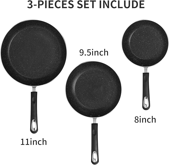 RATWIA Frying Pan 3-Piece Set, Nonstick Skillet Set for Induction Cooktop, Frying Pan Nonstick 8 Inch+9.5 Inch +11 Inch (Black)
