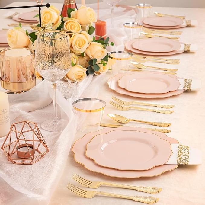 NOCCUR 175PCS Pink Plates with Gold Disposable Silverware - Include 50 Pink Plastic Plates,25 Knives,25 Forks,25 Spoons,25 Cups and 25 Napkins - Ideal for Party/Wedding/Mother's Day