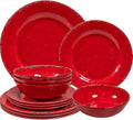 12 Piece Farmhouse Melamine Dinnerware Sets, Service For 4 Rustic Crackled Plates and Bowls Sets, Melamine Dishes Set for Christmas,Wedding, Set of 4 Camping Dishes, Red