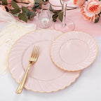 YOUBET 125Pcs Pink Plastic Plates with Gold Rim - Scalloped Plastic Plates Set Includes 25 Dinner, 25 Dessert Plate, 75 Gold Silverware for 25Geusts for Wedding Birthday Baby Shower Mothers Day