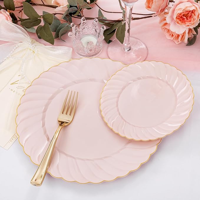 YOUBET 125Pcs Pink Plastic Plates with Gold Rim - Scalloped Plastic Plates Set Includes 25 Dinner, 25 Dessert Plate, 75 Gold Silverware for 25Geusts for Wedding Birthday Baby Shower Mothers Day