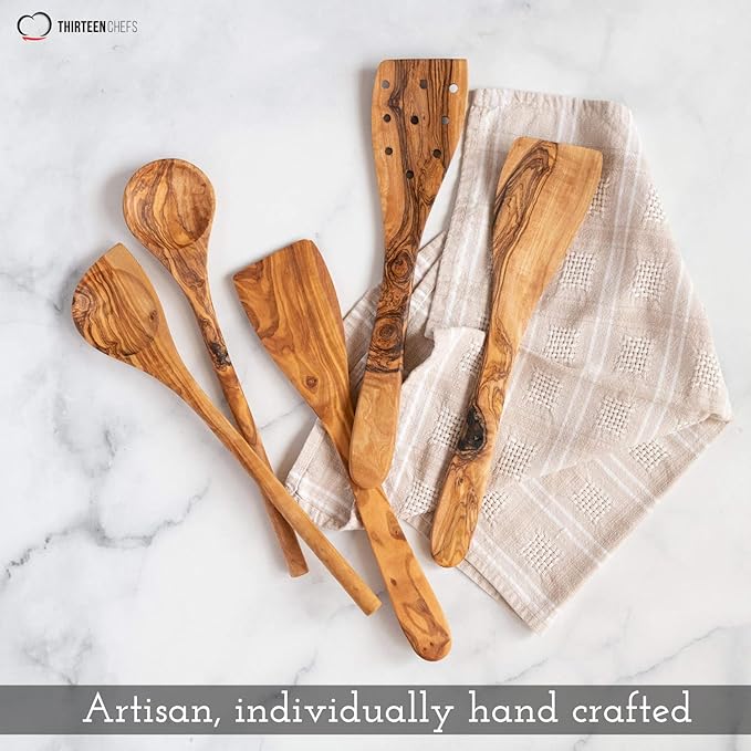 Tramanto Olive Wood Utensil Set - 5 Piece Spatula and Spoon Wooden Cooking Tools, 12 Inch Long, Rustic Hand Made with Gift Box