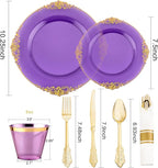 Nervure 175PCS Purple Plastic Plates - Disposable Purple Gold Party Plates & Pre Rolled Napkins with Cutlery for 25 Guests, 50Plates, 75Silverware, 25Cups, 25Napkin for Wedding & Party