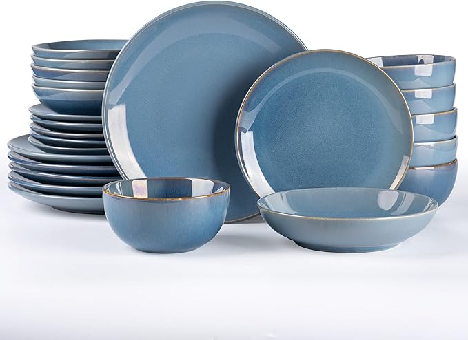 GBHOME Dinnerware Sets with Double Bowls for 6, 24 Pieces Stoneware Plates and Bowls Set, Scratch Resistant Ceramic Dishes Set, Dishwasher & Microwave Safe-Alaskan Blue