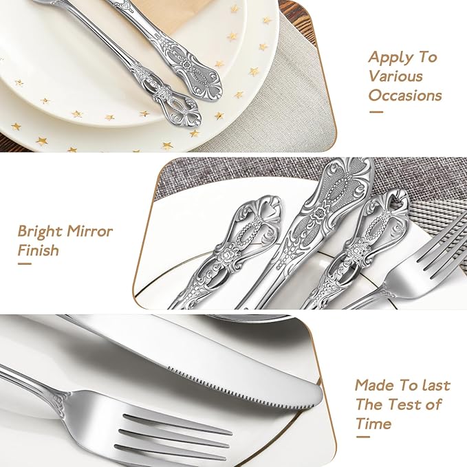 Gorgeous Retro Royal Silverware Set For 8,OIULO 18/0 Stainless Steel 40-Piece Flatware Set Service for 8,Vintage Fine Dining Utensils Fork Spoon Knife,Antique Baroque Cutlery,Mirror,Dishwasher Safe