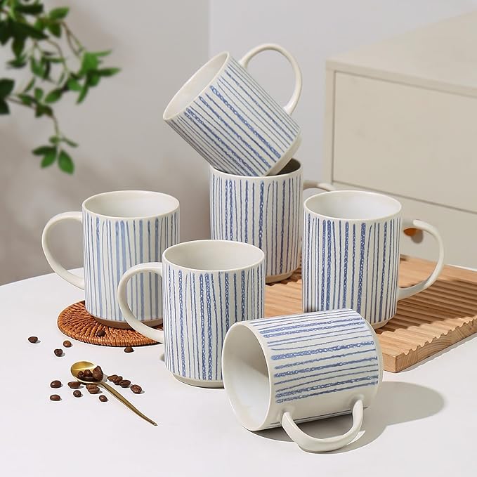 Ceramic Mugs Set of 6, Modern 17oz Coffee Mugs, Stackable Coffee Cups with Handpainted Blue Stripe Pattern, Dishwasher and Microwave Safe Mugs for Home & Office