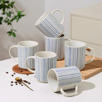 Ceramic Mugs Set of 6, Modern 17oz Coffee Mugs, Stackable Coffee Cups with Handpainted Blue Stripe Pattern, Dishwasher and Microwave Safe Mugs for Home & Office