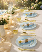 realluck 350 Piece Light Blue Plastic Dinnerware Set for 50 Guests Elegant Baroque Disposable Dinnerware for Weddings, Parties, 100 Plastic Plates, 50 Pre Rolled Napkins with Silverware, 50 Cups