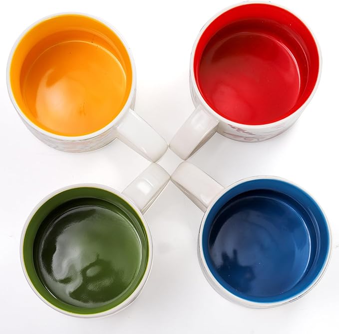 Frcctre Set of 4 Ceramic Coffee Mug Set, Large 15 Ounce Ceramic Tea Cup with Handle, Vintage Hand Painted Floral Porcelain Mug Colorful Restaurant Mug for Coffee, Tea, Milk, Hot Cocoa