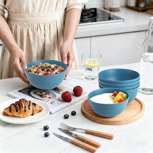 26 OZ Wheat Straw Bowls Set of 6, Reusable Plastic Kitchen Bowls, Unbreakable Bowls Set for Cereal, Salad, Snack, Soup, Ideal for Indoor & Outdoor, Microwave & Dishwasher Safe, Blue
