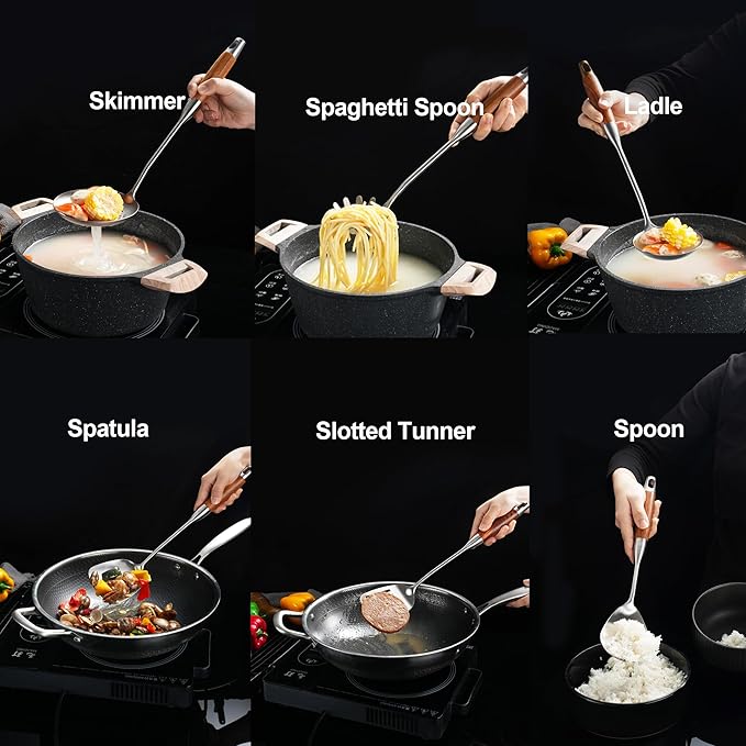 Stainless Steel Kitchen Utensils 12.5"-14" Wooden Handle Metal Cooking Utensils Set 9 PCS, Solid and Slotted Spoon, Fork, Spatula, Ladle, Skimmer, Slotted Tunner, Spaghetti Large Spoon