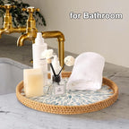 Round Rattan Tray with Mother of Pearl Inlay, Rattan Serving Tray for Coffee, Bread, Fruits, Decorative Wicker Tray for Table Decor, Home Decor, Kitchen Island Decor (Light Blue Leaf, 11.8")