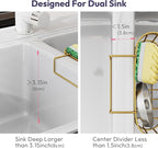 SWTYMIKI Sponge Holder for Kitchen Sink - Movable Sink Caddy with Smiley Face Sponge Holder, Rustproof Hanging Sponge Organizer in Double Bowl Sinks Depth>3.15in, Middle Divider<1.5in, Gold
