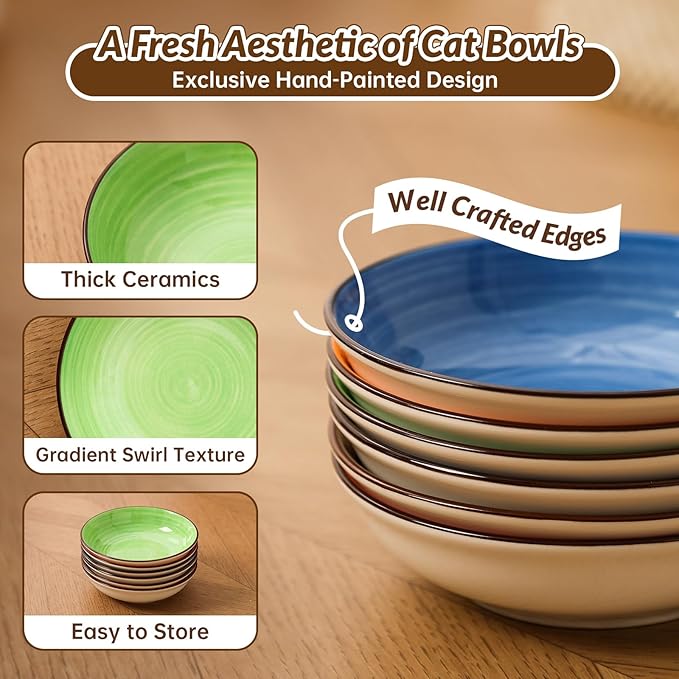 Colorful Ceramic Cat Bowls Set - Wide and Shallow Dishes for Food and Water - 6-Pack Cat Feeding Bowl Whisker-Friendly - Microwave and Dishwasher Safe - 5.7" x 1.3" - 5 oz