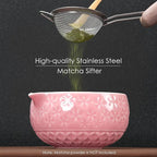 7Pcs Matcha Whisk Set, Matcha Set Whisk and Bowl,Bamboo Scoop, Scoop Rest, Sifter and Tea Towel, Matcha Kit W/Carved Cherry Blossm Pattern for Matcha Lovers (Sakura Pink)