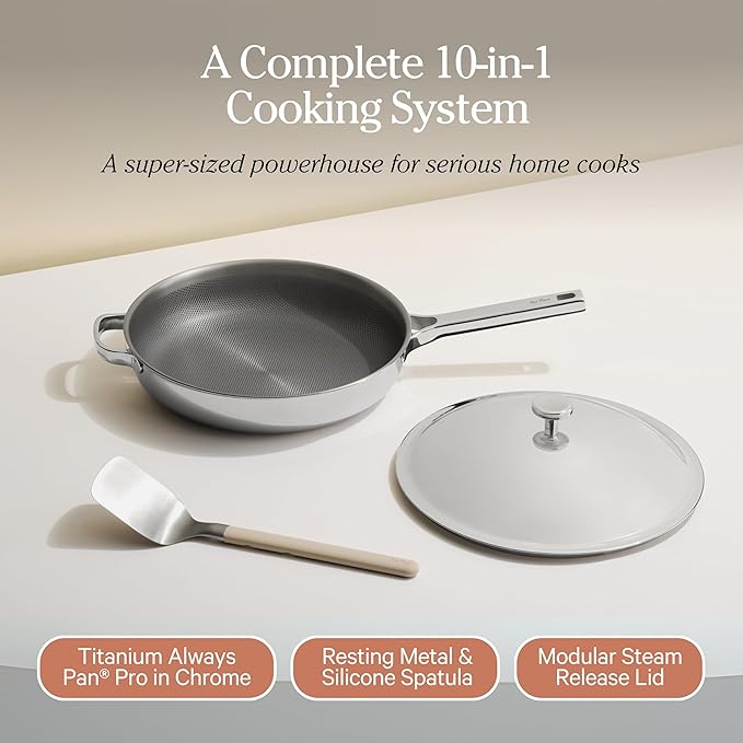 Our Place Large Titanium Always Pan Pro | 12.5" PFAS-Free Nonstick Frying Pan with Spatula | Chef-Grade Tri-Ply Stainless Steel & Aluminum Build | Induction & Oven-Safe up to 1000°F | Chrome
