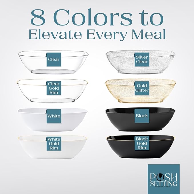 Posh Setting - Disposable Oval Party Bowls, Plastic Serving Bowls - Glitter Gold, 4 Pack