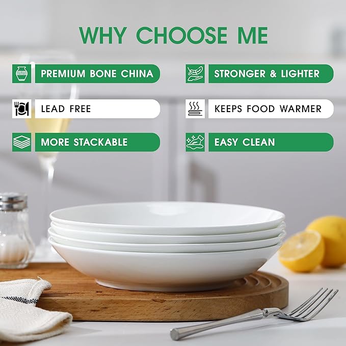 Bone China Pasta Bowls Set of 4, 23.5oz Soup Bowls White Salad Bowl, 8 inch Pasta Bowls Lightweight Wide Shallow Kitchen Plates for Serving Dinner - Microwave Dishwasher Safe, Kitchen Gifts