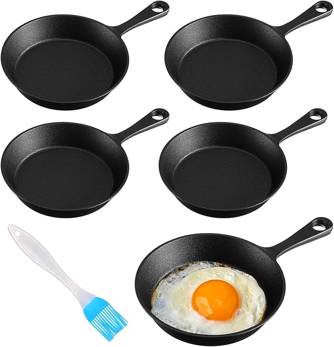 Remerry 5 Sets 4 Inches Cast Iron Skillets Mini Black Iron Nonstick Frying Pan Small Sizzling Plate Egg Pan Cast Pot Bundle with Oil Brush for Indoor and Outdoor Restaurant Kitchen