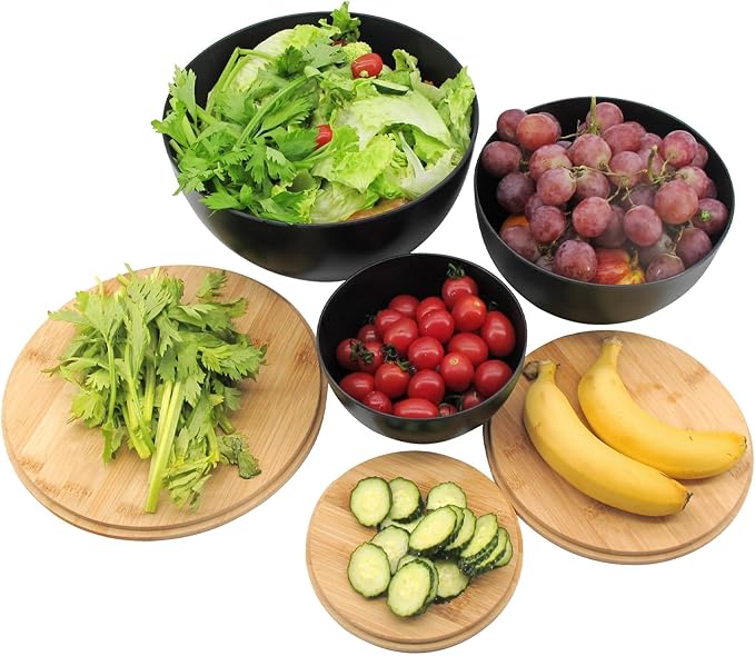 ECOWAY Salad Bowl Set of 3 with Bamboo Wooden Lids, Mixing Bowls Set, Nesting Bowls for Space Saving Storage, Made with Durable Eco-Friendly Bamboo Fiber, Great for Prepping and Serving Food, Black