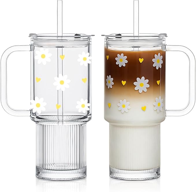 INSETLAN Daisy Glass Cups for Women, 26oz Clear Glass Tumbler with Lid and Straw, Customizable Aesthetic Flower Mug for Birthday, Mother’s Day, Christmas, Girl Gifts