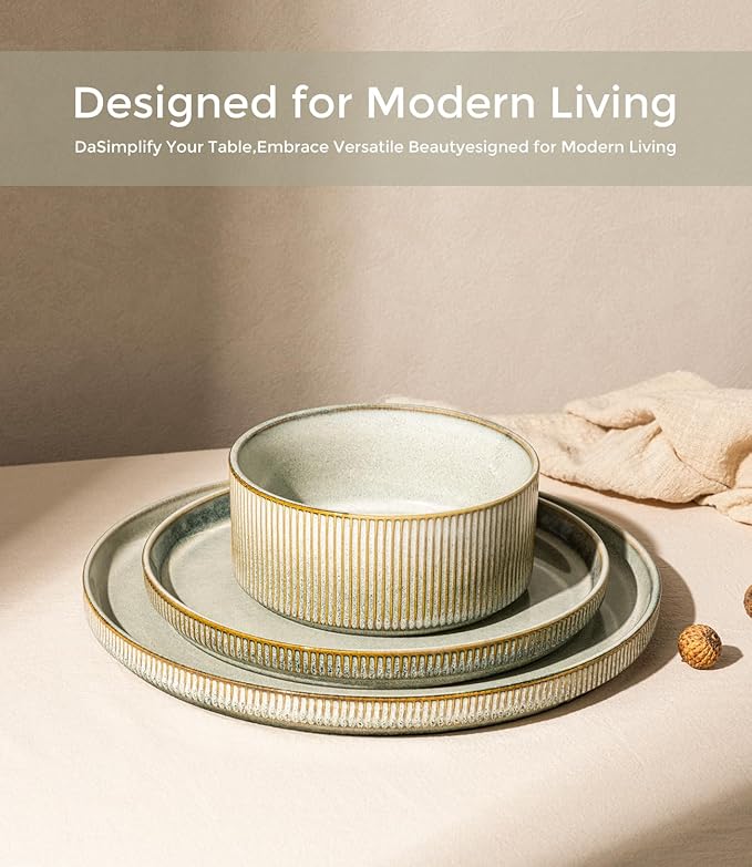 GBHOME 24-Piece Stoneware Dinnerware Set for 8 – Ribbed Ceramic Plates and Bowls, Scratch-Resistant, Microwave & Dishwasher Safe, Reactive Glaze, Desert Sage