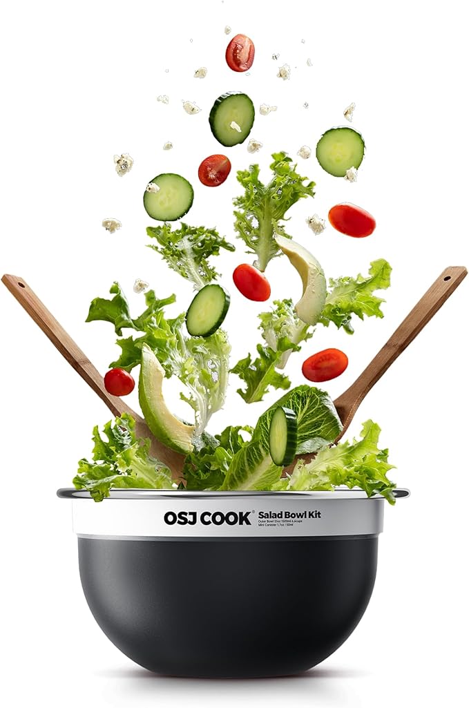 18/8 Stainless Steel Salad Bowl Kit - 74oz, Salad Bowls to go for Lunch, Comes with 1.7oz Condiment Container and Removable Tray for Organization - Leak-Proof, Dishwasher Safe (Black)