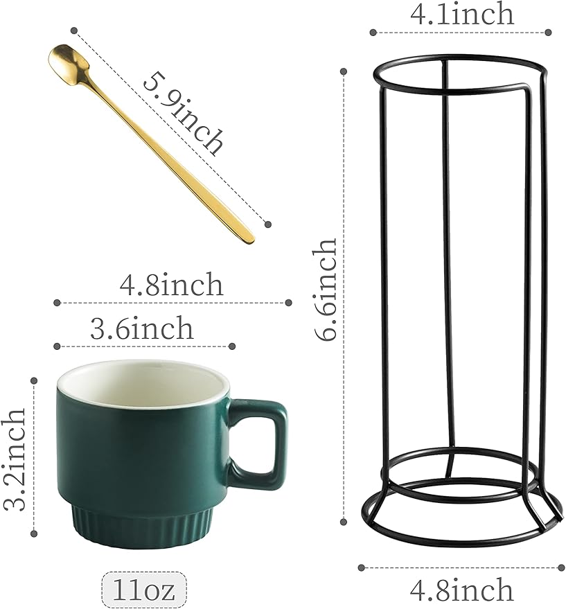 Miamolo Stackable Coffee Mugs Set of 4 with Holder Spoons 11oz Ceramic Cappuccino Cups for Espresso Latte Tea Drinks, Dishwasher & Microwave Safe, Green