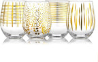 Joeyan Hand Blown Stemless Wine Glasses with Gold Dots Swirls Grids Strips Pattern for Red White Wine,Large Drinking Glass Cups,Wine Glass Tumblers for Wedding Party Home,Set of 4,17.5 oz