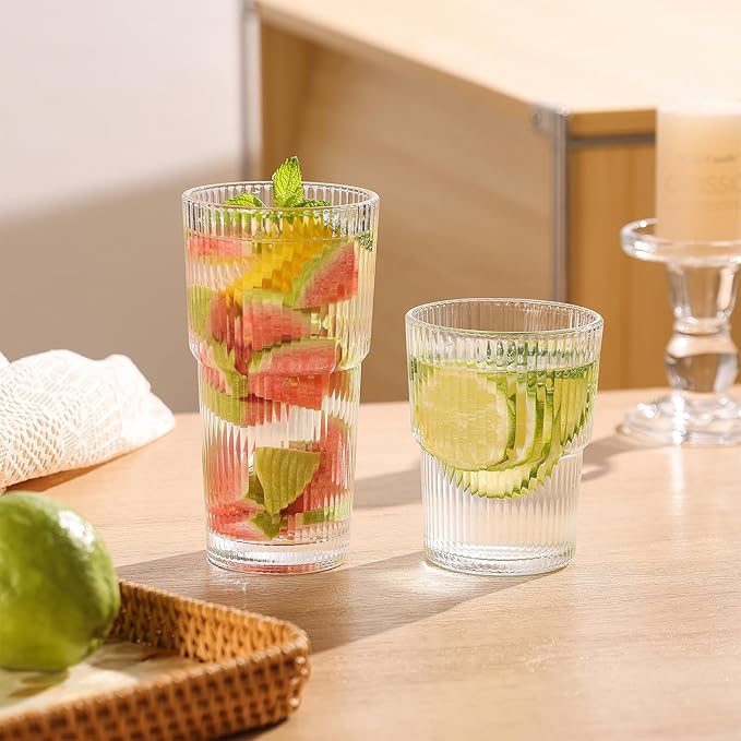 Ribbed Drinking Glasses with Lids & Straws, Leak-Proof 20oz and 15oz Glass Cups, 8PCS Glass Tumblers, Ideal for Home, Office, Outdoor Use