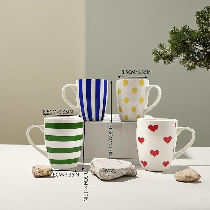 Colorful Pattern Mug Set of 4 Include Stripes, Polka Dot & Heart Ceramic Coffee Mugs, Gift Boxed Kitchen Mug Set, Bright Everyday Mugs for Family, Office & Parties