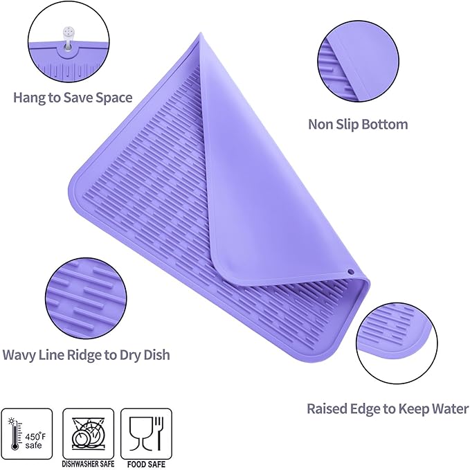 MicoYang Silicone Dish Drying Mat for Multiple Usage,Easy clean,Eco-friendly,Heat-resistant Silicone Mat for Kitchen Counter or Sink,Refrigerator or Drawer Liner Light Purple XL 18 inches x 16 inches