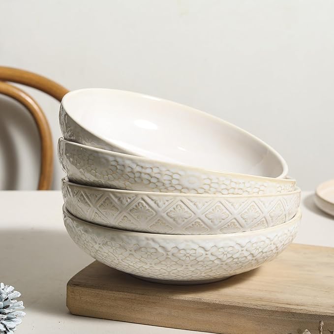 8" Ceramic Pasta Bowls, 22 Oz Serving Bowls Set of 4, Porcelain Shallow Soup Bowl, Embossed Serving Dishes for Pasta, Fruit, Salad, Housewarming Gift, Dishwasher Safe