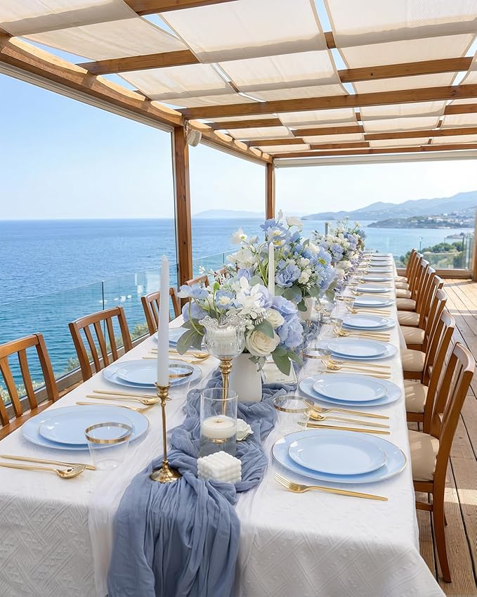 bUCLA 150PCS Blue Plastic Plates - Light Blue and Gold Disposable Include 25 Each (Dinner & Dessert) Plates, 25 Knives, 25 Forks, 25 Spoons and 25 Cups, Ideal for Party, Birthday & Wedding