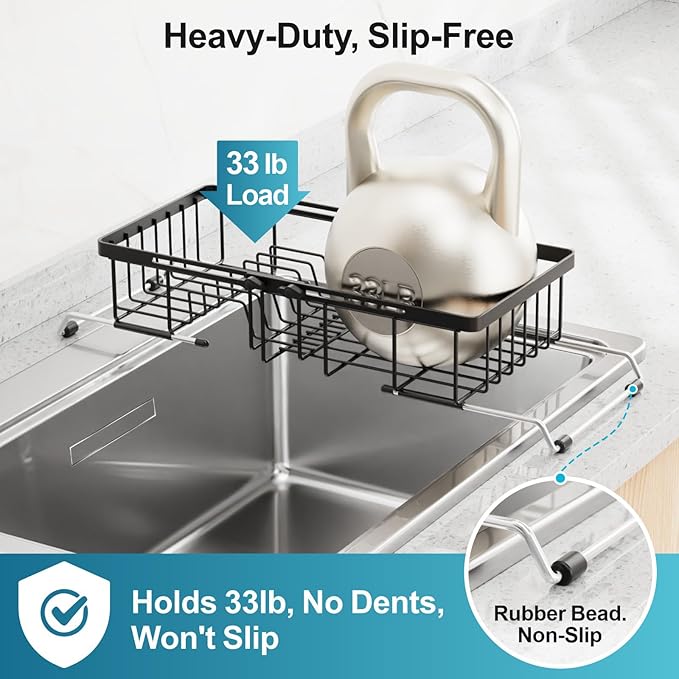 iSPECLE Small Sink Dish Drying Rack, Expandable Narrow Rust Resistant Dish Drainer for RV Apartment Kitchen, Dish Rack with Tightening Knob, Arms with Non Slip Rubber, 9.2" W x 16.6"-24" L, Black