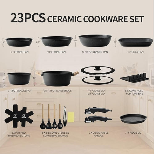 23pcs Ceramic Pots and Pans Set, Nonstick Detachable Handle Cookware, Induction Kitchen Cooking Set with Removable Handle,include Frying Pans & Saucepans Oven Safe (Black)