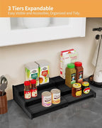 Spice Rack, 3-Tier Expandable Bamboo Spice Rack Organizer for Cabinet, Kitchen, Pantry and Cupboard Storage Organizer-Black(2pack)