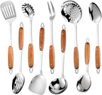304 Stainless Steel Cooking Utensils Set,9PCS Metal Kitchen Utensils Set with Wooden Handle,Solid Spoon,Spatula,Ladle,Skimmer Spoon,Spaghetti Spoon,Dishwasher Safe