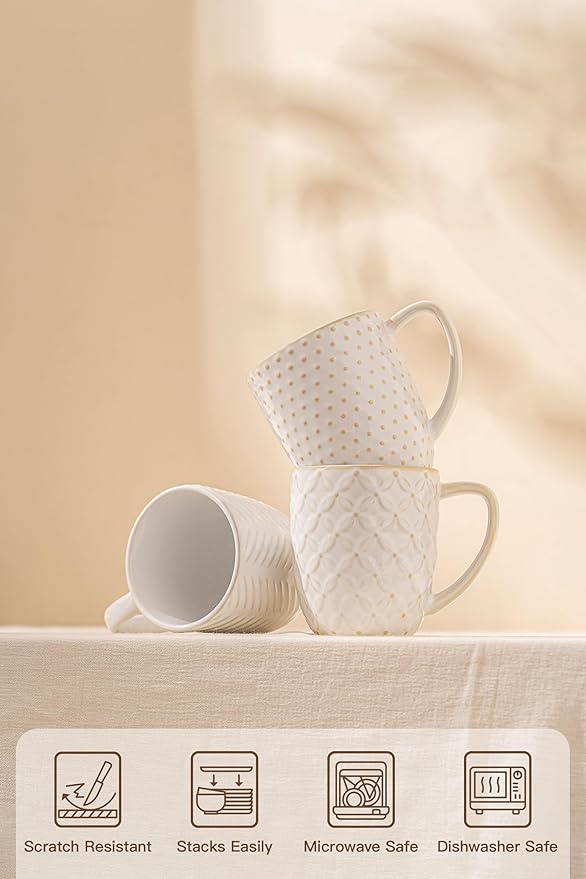 FOBENTA Ceramic Coffee Mugs Set of 4, 12oz Embossed Cups with Elegant Patterns – A Thoughtful Gift for Women, Mom, or Friends,Perfect for Tea, Latte, Cocoa (Arctic White, 12 OZ)