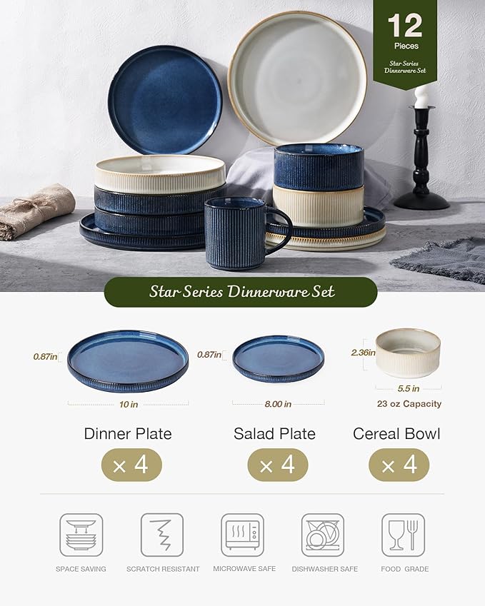 Famiware Star 12-Piece Stoneware Dinnerware Sets for 4, Modern Rustic Dishes for Everyday & Formal Use, Reactive Glaze Plates and Bowls, Chip/Scratch Resistant, Microwave/Dishwasher Safe, White & Blue