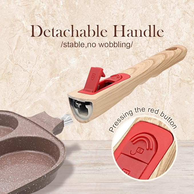 Ceramic Egg Frying Pan with Lid, Nonstick 4 Cup Fried Egg Pan with Detachable Handle, Omelette Pan Induction Compatible - Brown