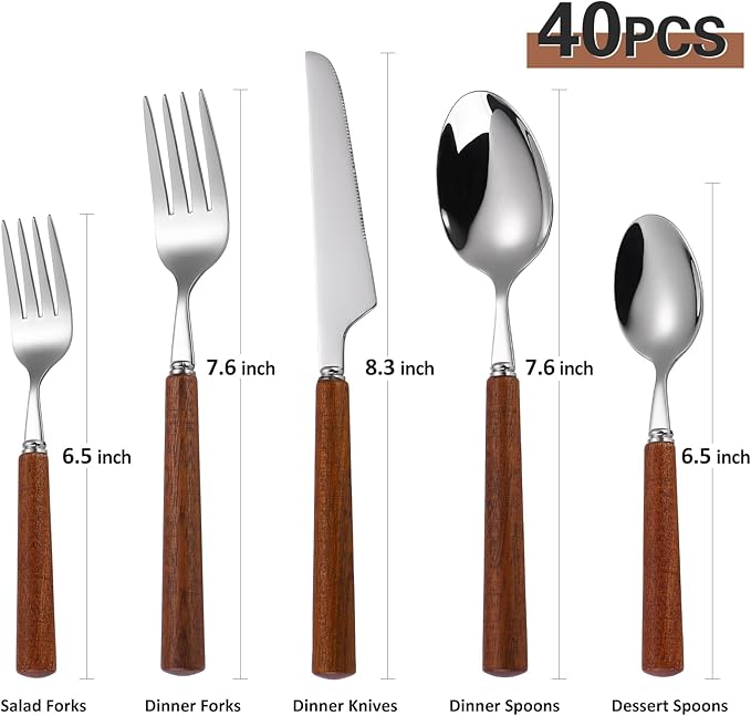 Silverware Set, 20 Piece Mirror Flatware Set 18/8 Stainless Steel Eating Utensils With Wooden Handle, A Complete Tableware Cutlery For Most Families,Knife Fork Spoon Service For 4 Dishwasher Safe