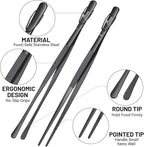 HOTEC Kitchen Tweezers Tongs Stainless Steel Professional Chef Tweezers, Set of 2-12inch Extra-Long Food Tongs for Cooking,Grill and Baking