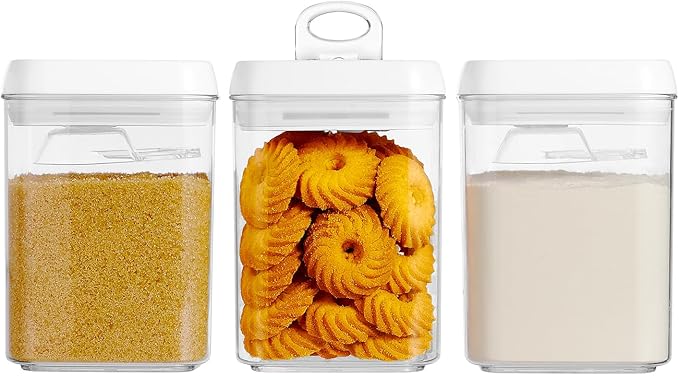 Felli Flip Tite Storage Container with Built-In Spoon & Airtight Lid 5” Large-M Ring Flip Top, Stackable Acrylic Canister for Rice Sugar Flour Protein Powder, Kitchen Pantry Organizer (1.8qt)
