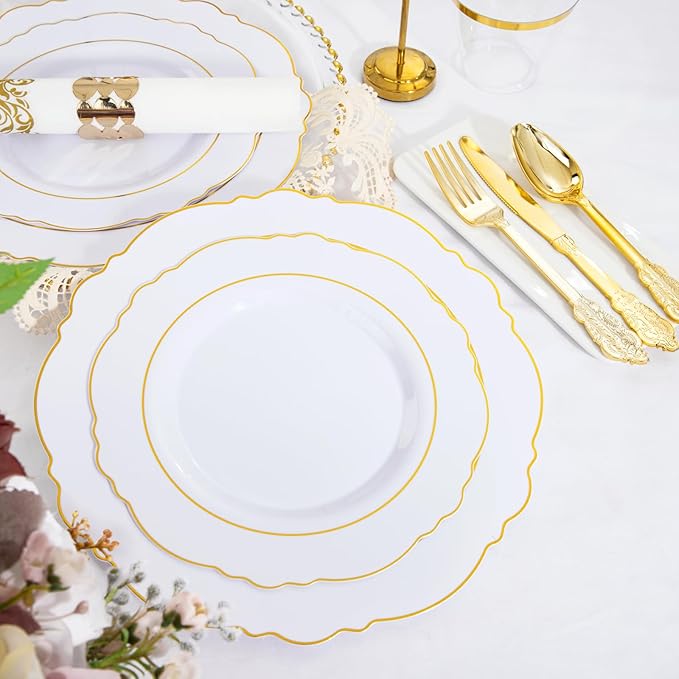WDF Partyware 350 Pieces Gold Disposable Plates for 50 Guests, Plastic Plates for Party, Dinnerware Set of 50 Dinner Plates, 50 Salad Plate, 50 Spoons, 50 Forks, 50 Knives, 50 Cups for Mother's Day