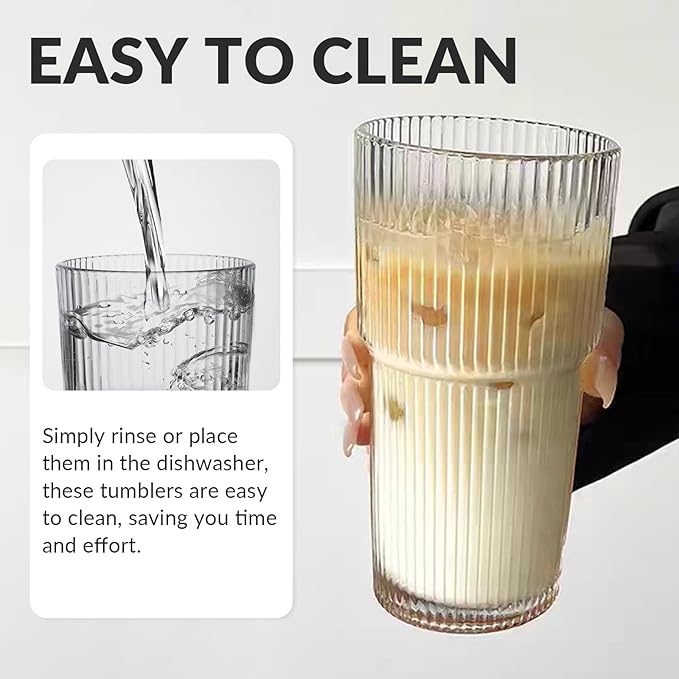 Puraville 4 Pack 20oz Glass Cups with Lids and Straws, Vintage Ribbed Glassware for Whiskey Cocktail Beer, Mason Jar Drinking Glasses Tumbler Iced Coffee Cup