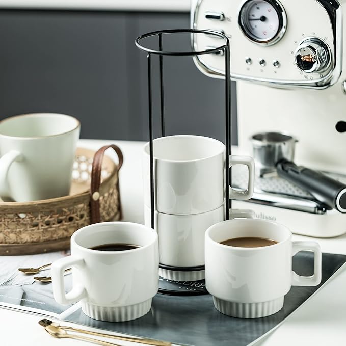 Miamolo Coffee Mugs Set of 4, Stackable Coffee Cups with Holder Spoons 11oz Ceramic Espresso Cup for Cappuccino Latte Tea Drinks, Dishwasher & Microwave Safe, White