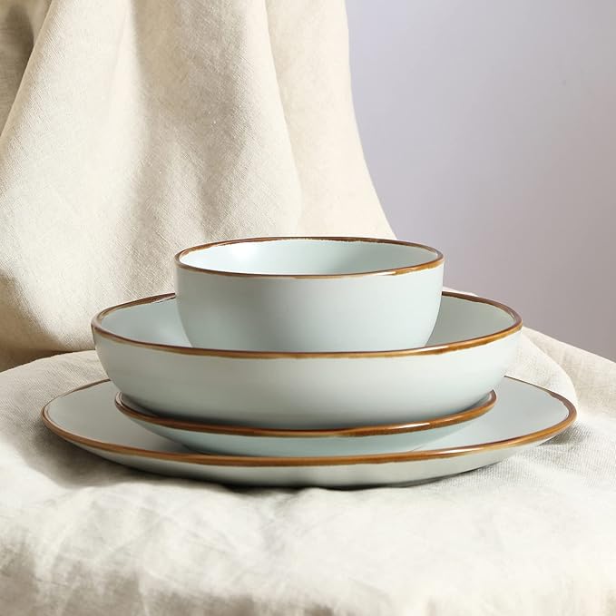 Stone Lain Brasa Stoneware 16 Piece Modern Dinnerware Set, Plates and Bowls, Service for 4, Light Green, Microwave & Dishwasher Safe